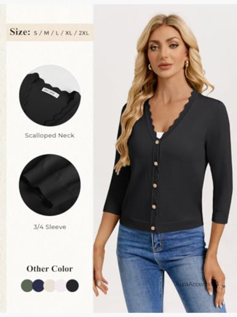 3/4 Sleeve V-Neck Button Down Lightweight Cardigan Sweater - Picture 4 of 7